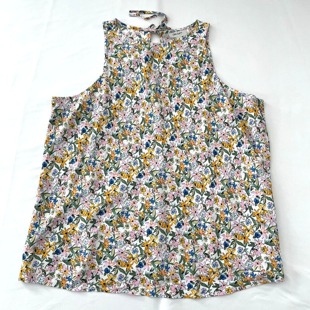 ON 34TH Womens 1X Floral Sleeveless Blouse Tie Back Keyhole Viscose Top